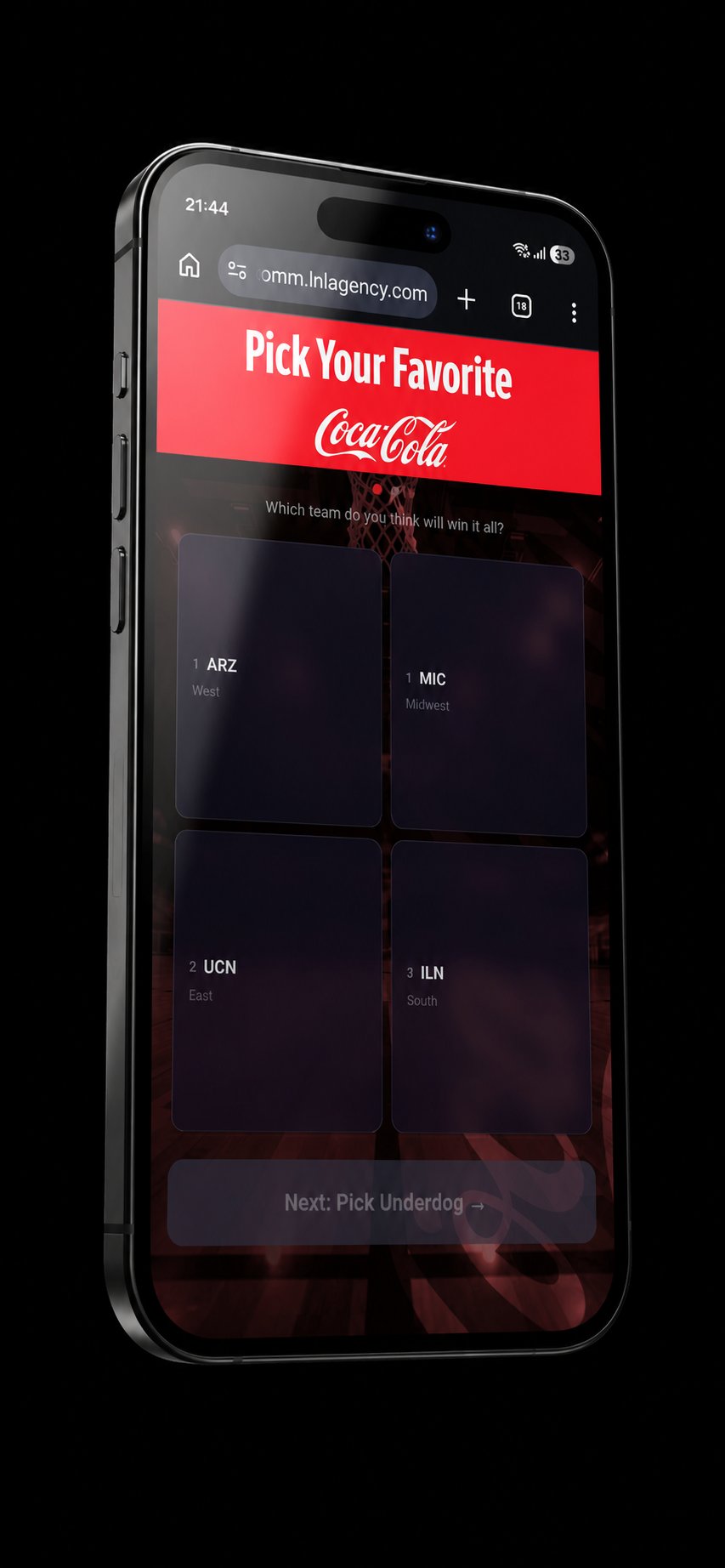 Mobile voting on a phone at Hoops & Hops, produced in partnership with LNL Agency.